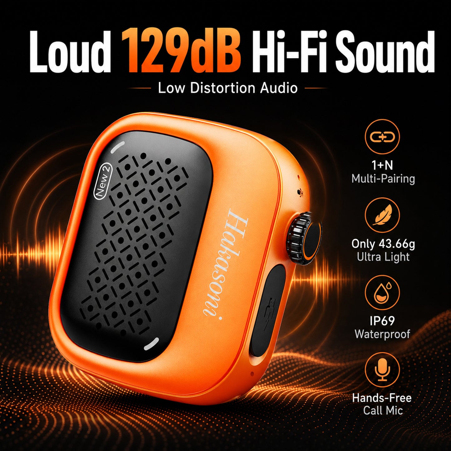 Hakasoni‑New2‑Wearable‑Speaker‑Sunrise Orange‑Collar Clip