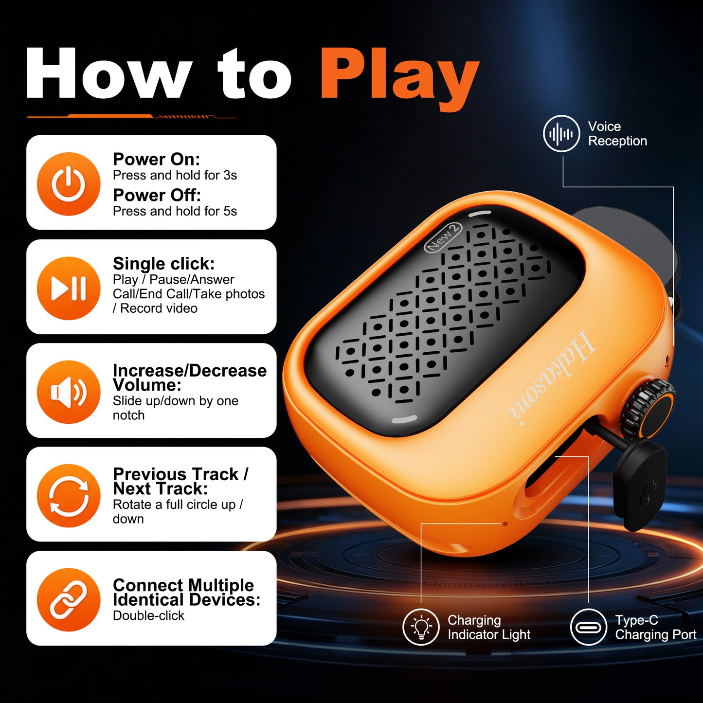 Hakasoni‑New2‑Wearable‑Speaker‑Sunrise‑Orange‑WatchStrap
